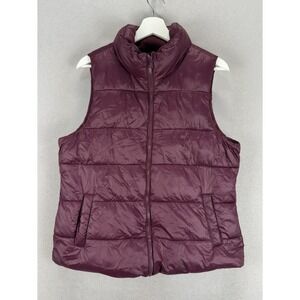 Old Navy Women's Sz L Maroon Puffer Vest Fleece Lined For Warmth Full Zip Jacket